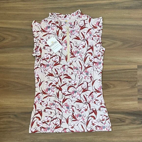 Kastel Denmark Women's Ruffle Tank - Beige Peonies 1/4 Zip - XS - Picture 1 of 4